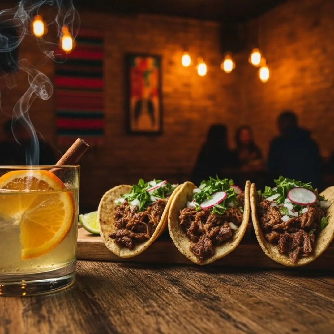 Tacos al pastor and cocktails on an evening table at Frida Camden — authentic Mexican tacos Camden Town London
